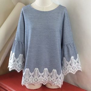 Chicos Knit Shirt w/ Flounce Sleeves - Lace Trim